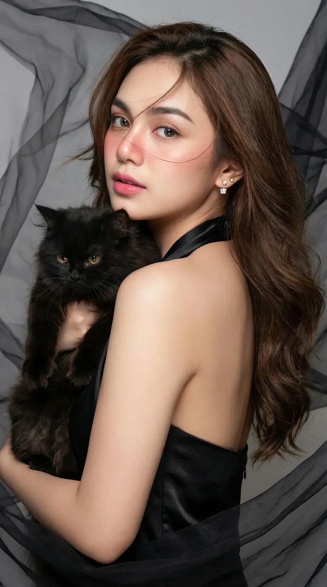 High-Fashion Portrait of an Asian Woman with a Black Cat AI image template preview