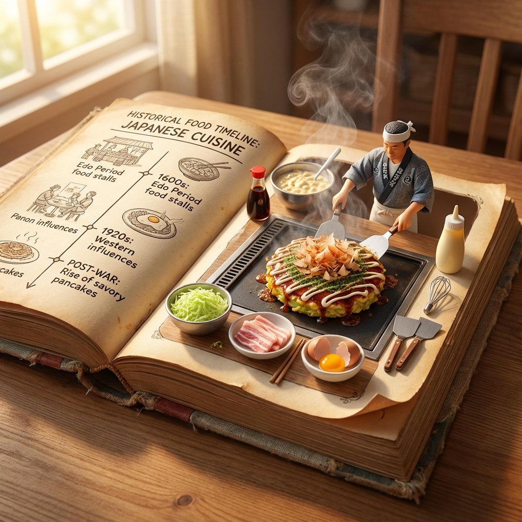 Vintage Cookbook Food Scene Template (Okonomiyaki) AI image template preview
