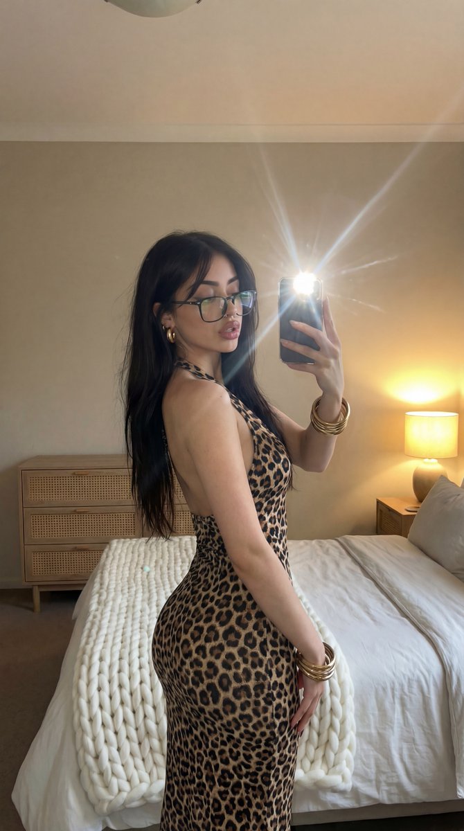 Flash Mirror Selfie in Leopard Print Prompt AI image template preview