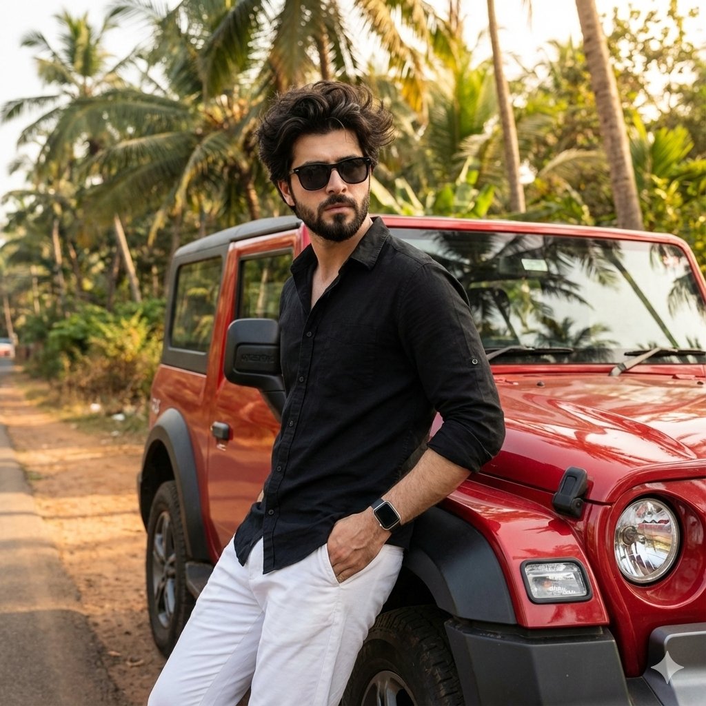 Cinematic Outdoor Lifestyle Portrait with SUV AI image template preview