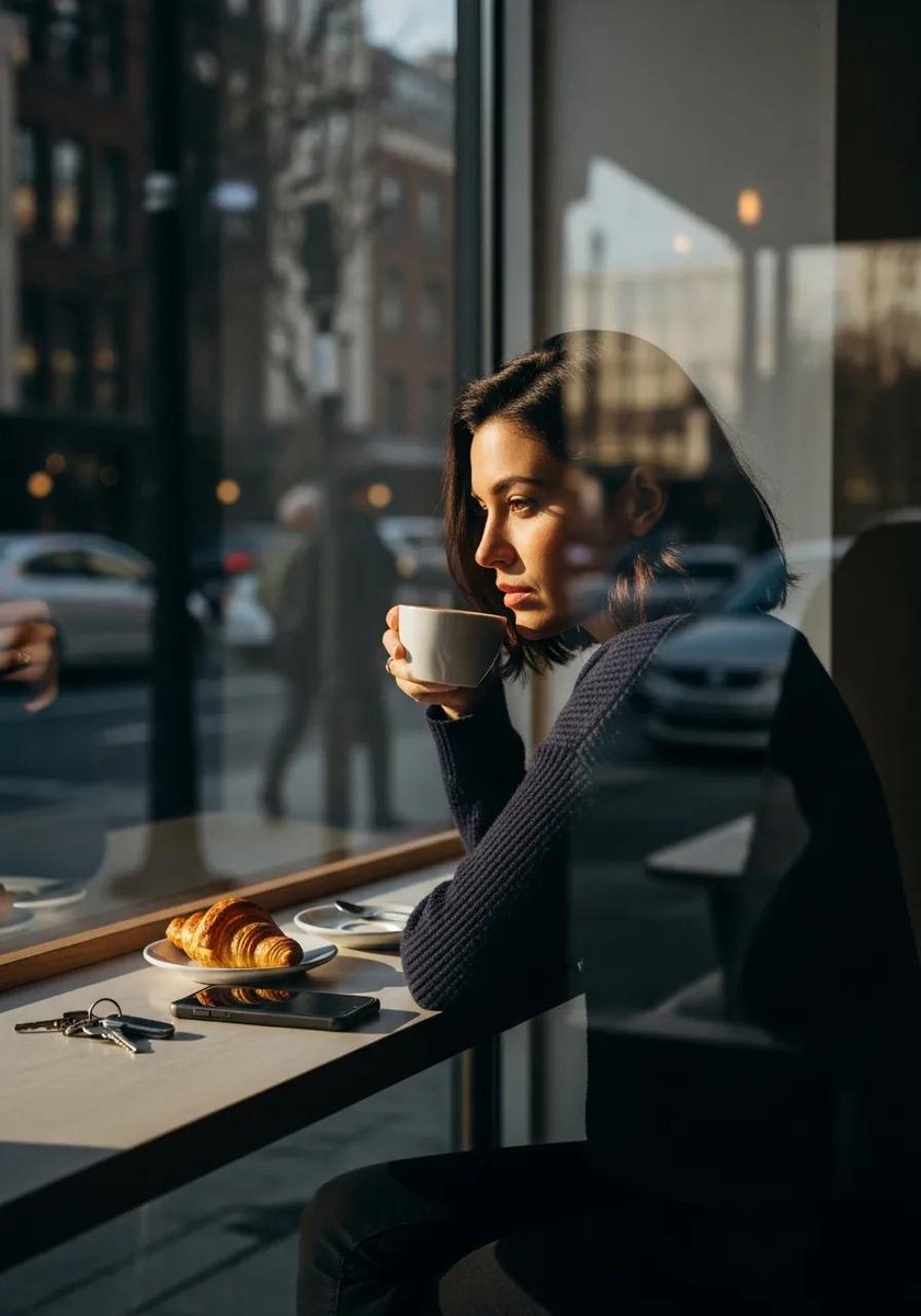 Ultra-realistic cinematic lifestyle photograph of a reflective woman in an urban café AI image template preview