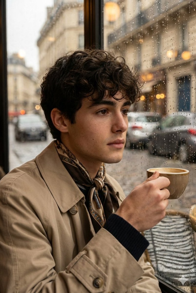 Ultra-realistic cinematic portrait through a rain-soaked café window AI image template preview