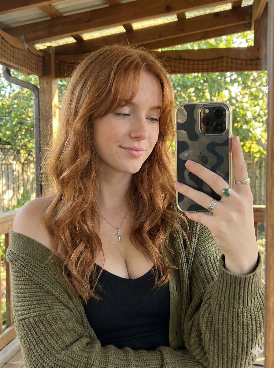 Photorealistic Mirror Selfie with Copper Hair AI image template preview
