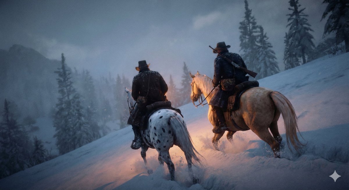 Cinematic Western Scene with Horseback Riders in Snow AI image template preview