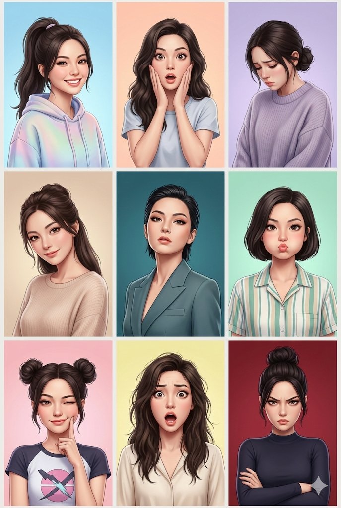 3x3 Grid Collage of Emotions in 3D Cartoon Style AI image template preview