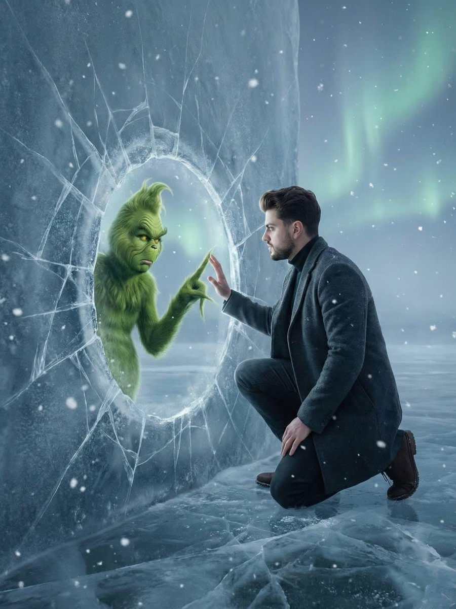 Fantasy Scene: Man and Grinch Reflection AI image template preview
