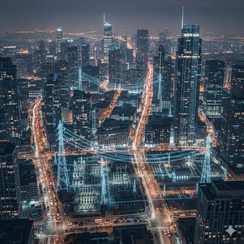 Cinematic Night City with Visible Power Grid AI image template preview