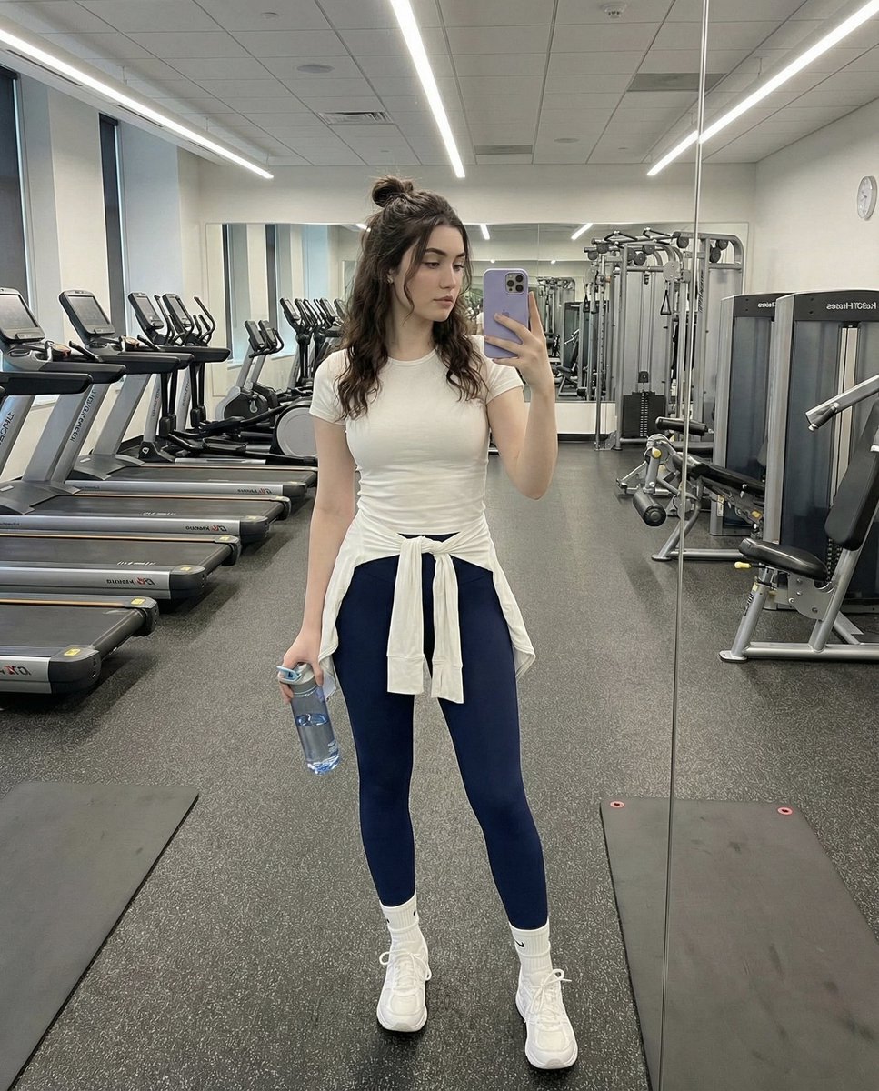 Full-Body Mirror Selfie in a Modern Gym AI image template preview