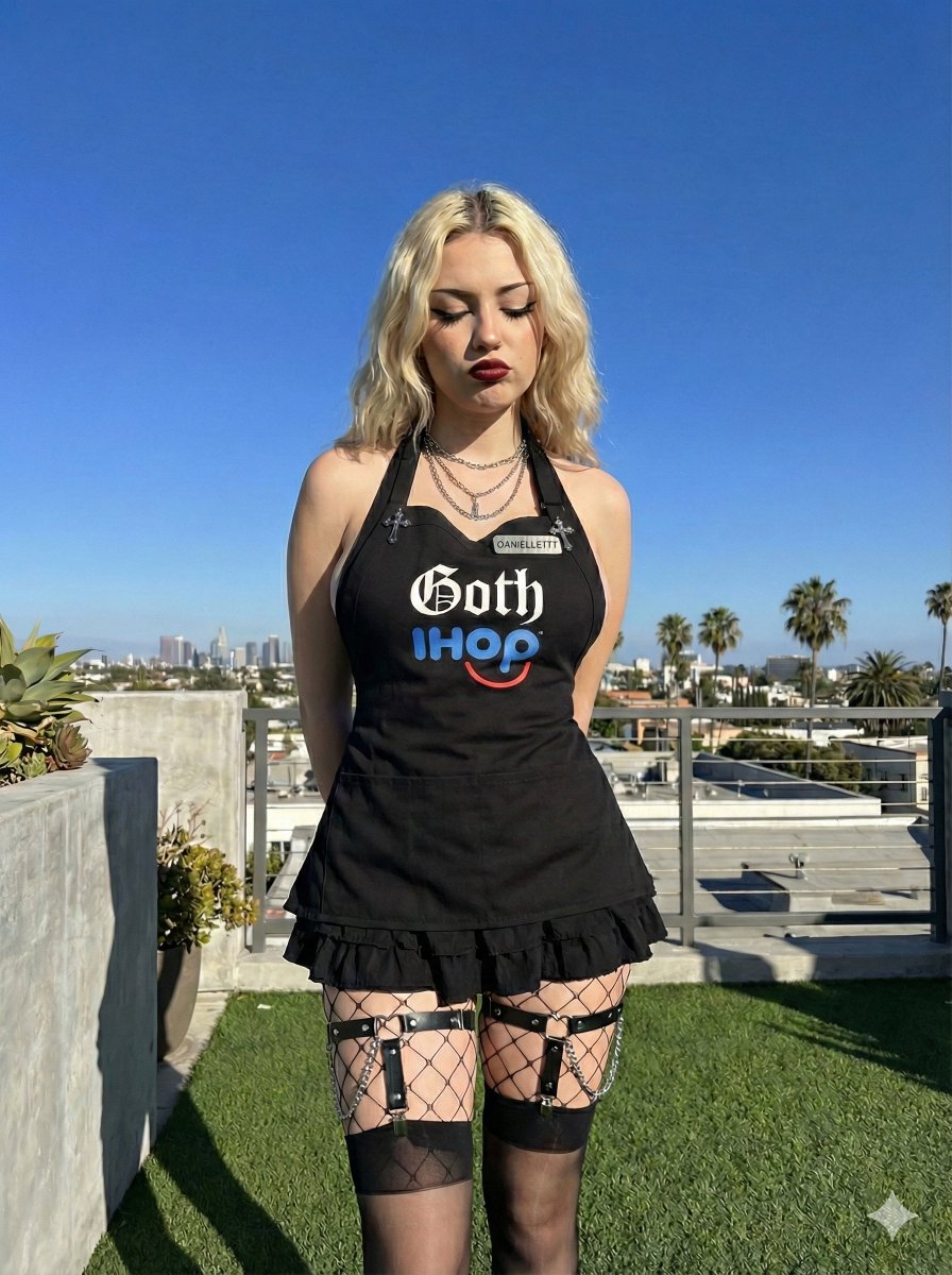 Goth IHOP Waitress Prompt: Rooftop Terrace Scene AI image template preview