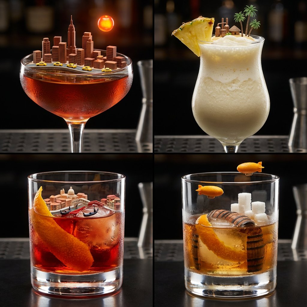 2x2 Grid of Cocktails as Tiny Living Cities AI image template preview