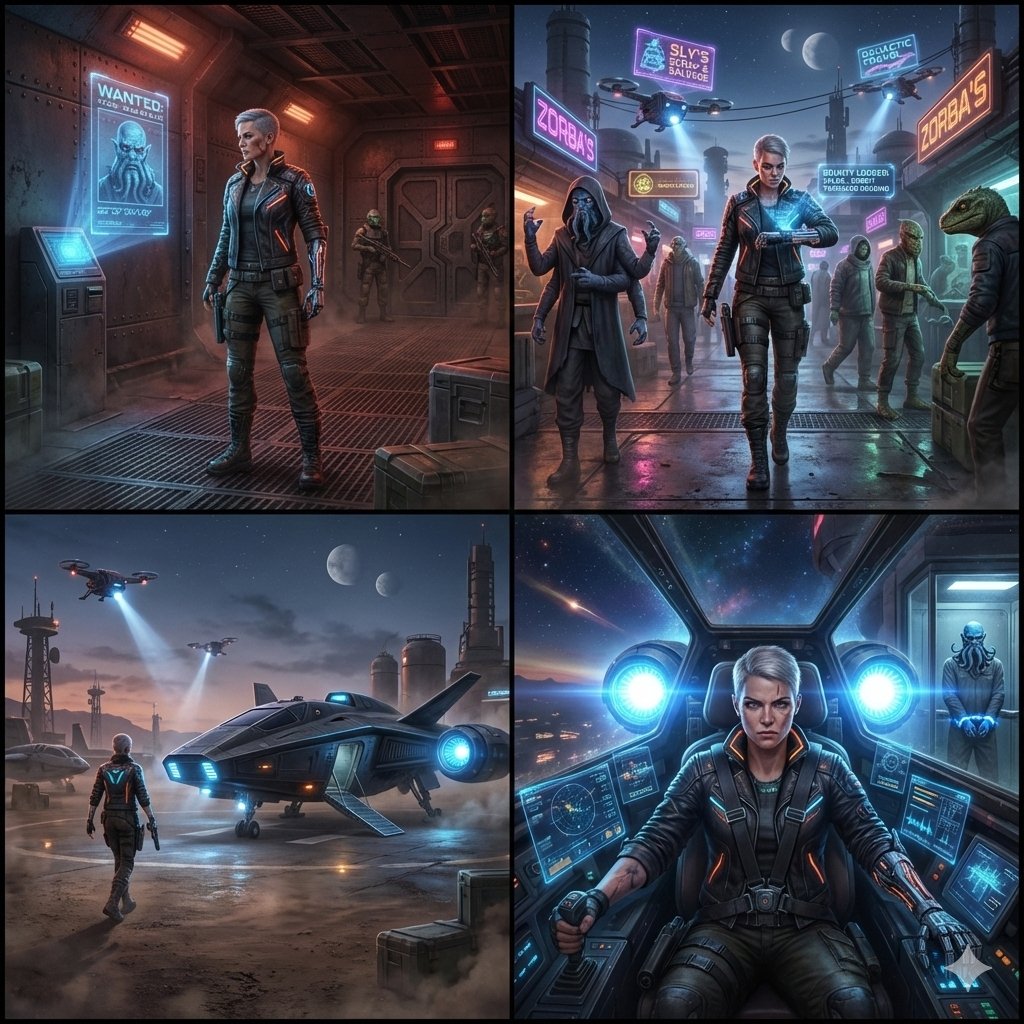 Sequential Sci-Fi Bounty Hunter Story Grid AI image template preview