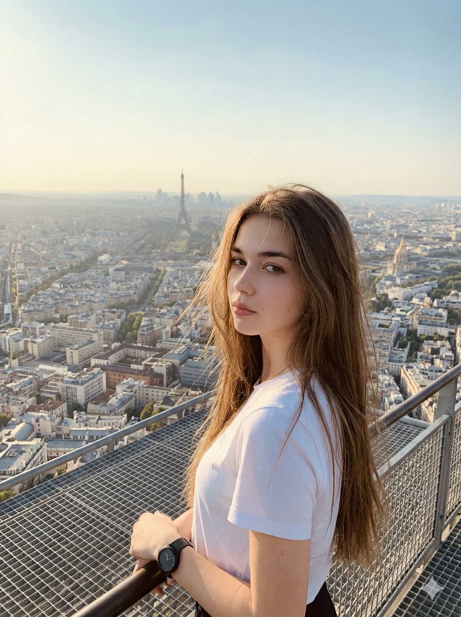 Cinematic Parisian Tower Portrait with Identity Preservation AI image template preview