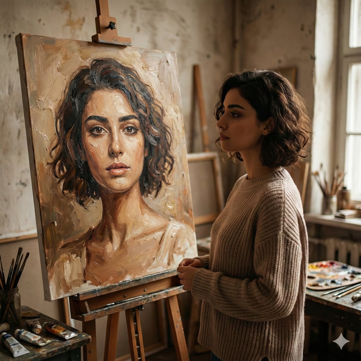 Cinematic Studio Scene of Woman Observing Portrait AI image template preview
