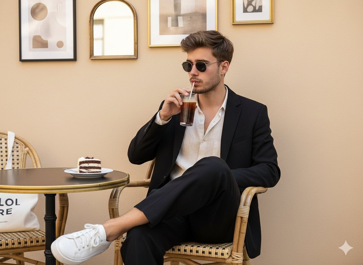 Fashionable Man in Cafe with Cake and Platform Sneakers AI image template preview