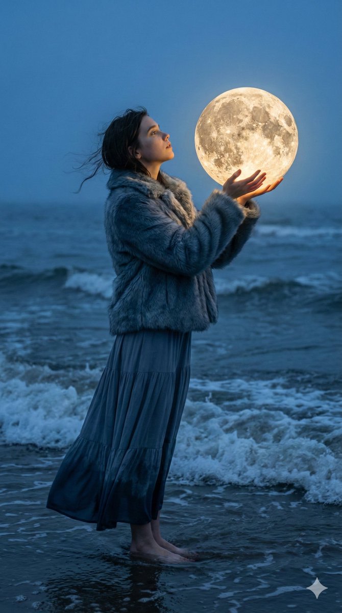 Magical Realism Portrait: Woman Holding a Glowing Moon Orb at Twilight AI image template preview