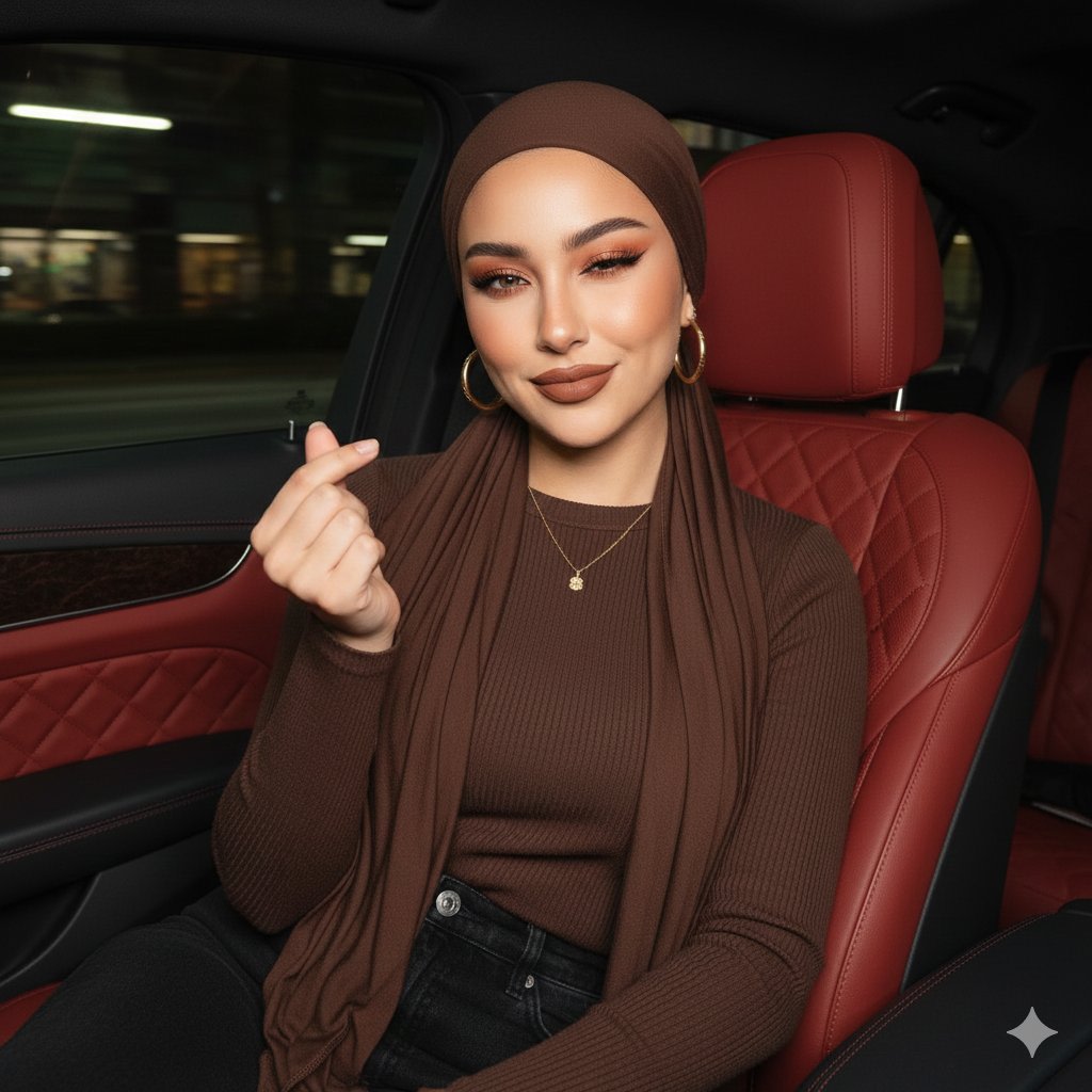 Luxury Car Hijab Portrait with Finger Heart AI image template preview