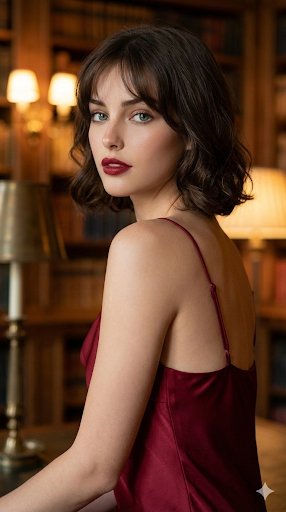 Cinematic Red Dress Portrait in a Vintage Library AI image template preview