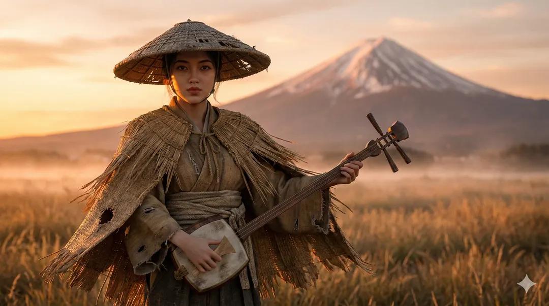 Ultra-Realistic Ronin Musician Portrait at Sunset AI image template preview