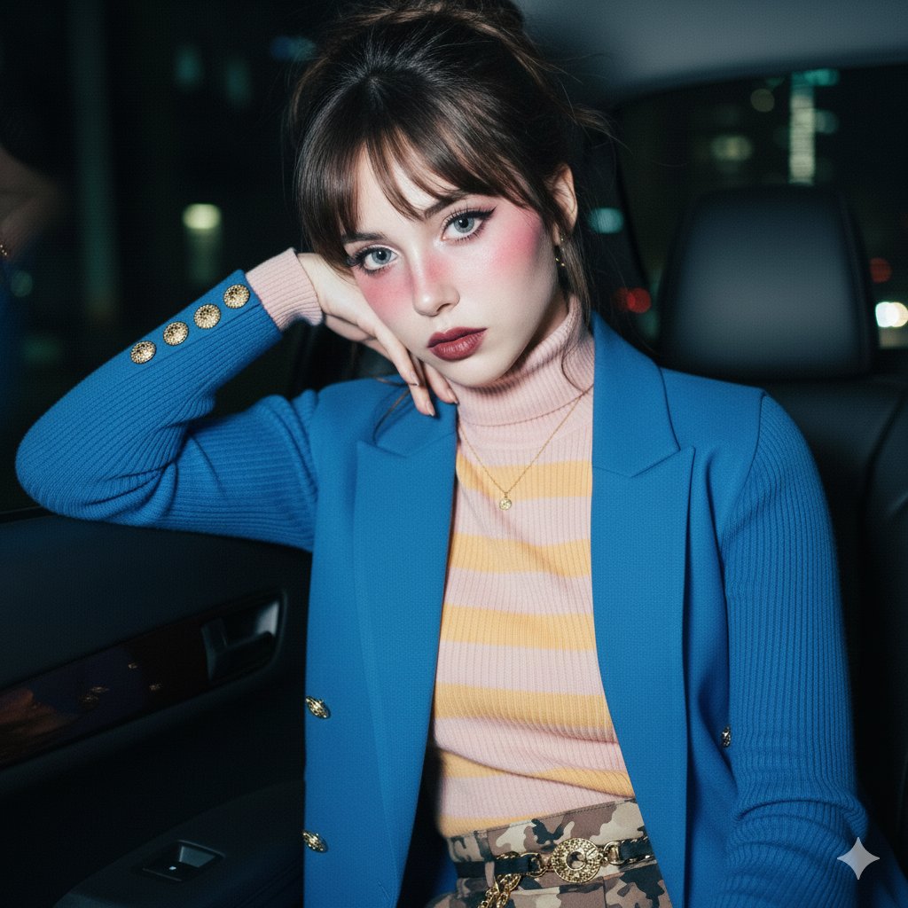 Ethereal Doll-like Portrait in a Night Car Interior AI image template preview