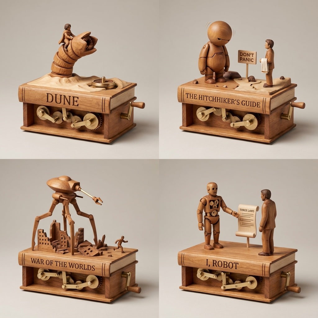 Sci-Fi Book Automaton Macro Product Photography Prompt AI image template preview