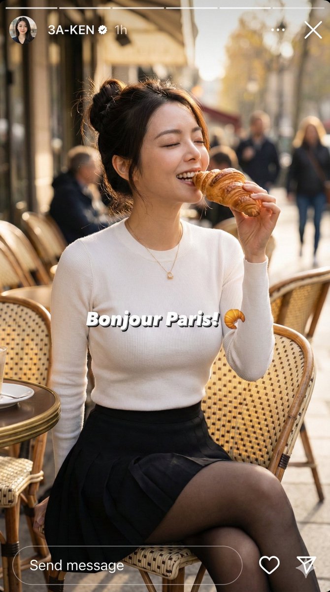 Instagram Story Prompt: Parisian Morning Croissant Selfie AI image template preview