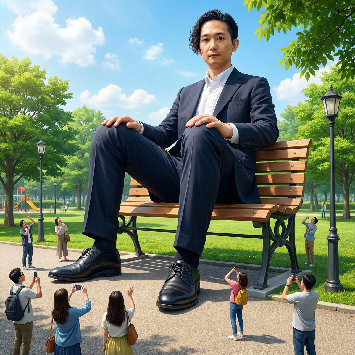 Giant Self on a Bench Prompt AI image template preview