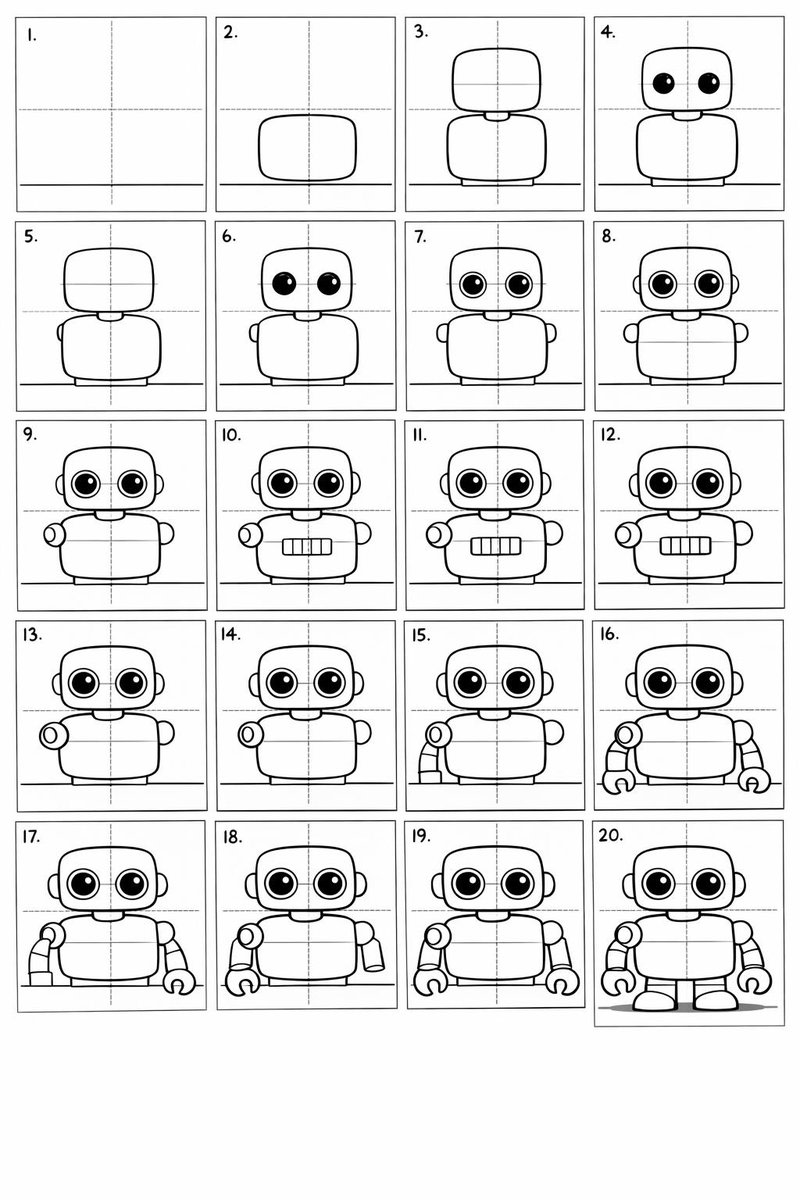 20-Panel Cartoon Robot Drawing Guide Prompt AI image template preview