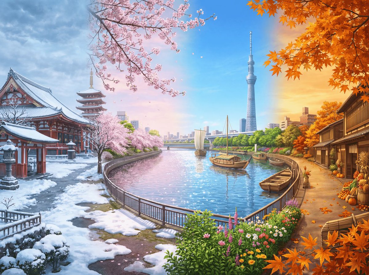 Four Seasons Panorama of Asakusa and Skytree AI image template preview