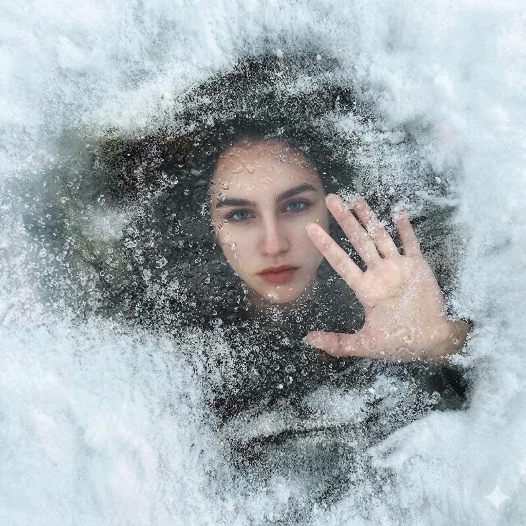 Surreal Conceptual Portrait Submerged Under Ice (JSON Format) AI image template preview