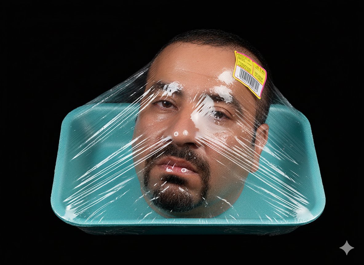 Head in Styrofoam Meat Tray Prompt AI image template preview