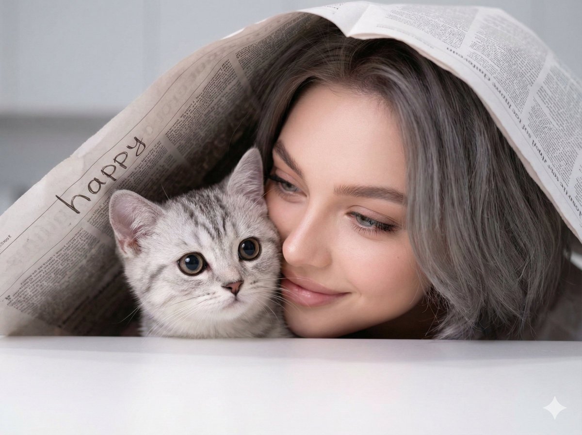 Warm Portrait of Woman and Kitten Peeking Under Paper AI image template preview