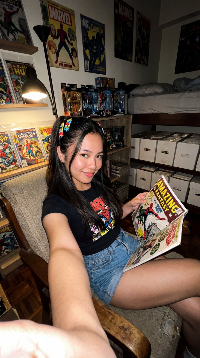 Filipina Comic Geek Selfie in Collector's Room AI image template preview