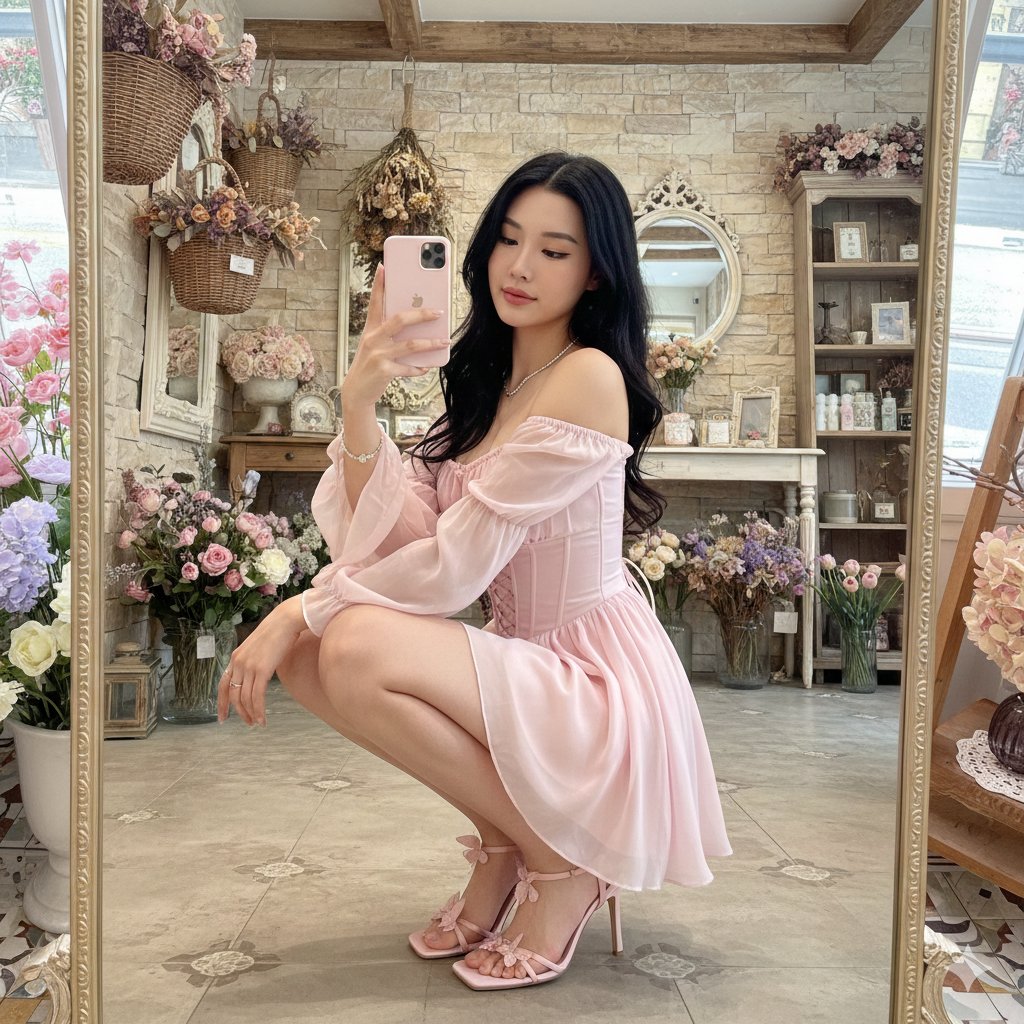 Fairy-Core Mirror Selfie in Floral Cafe (Structured) AI image template preview