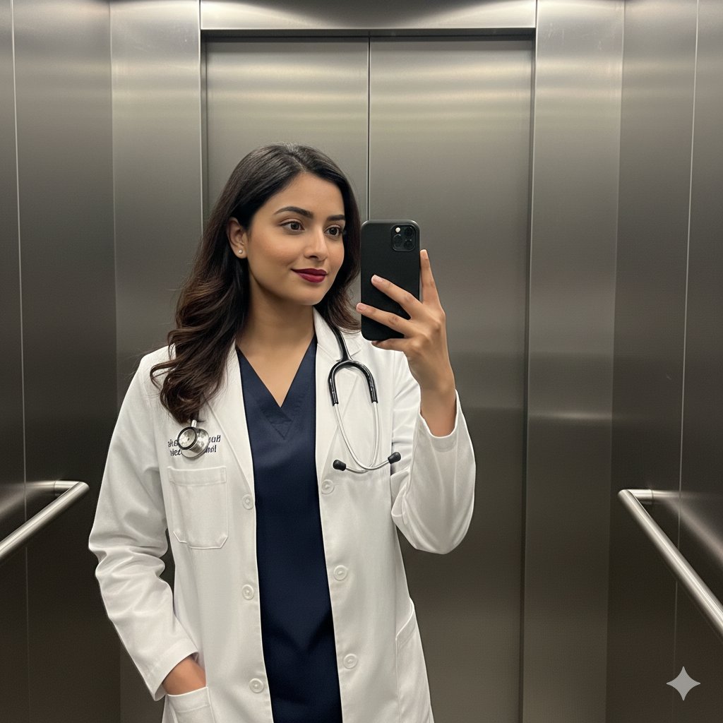 South Asian Doctor Mirror Selfie Prompt AI image template preview