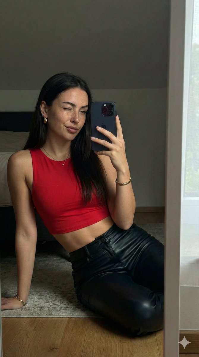Confident Mirror Selfie Portrait with Red and Black Aesthetic AI image template preview