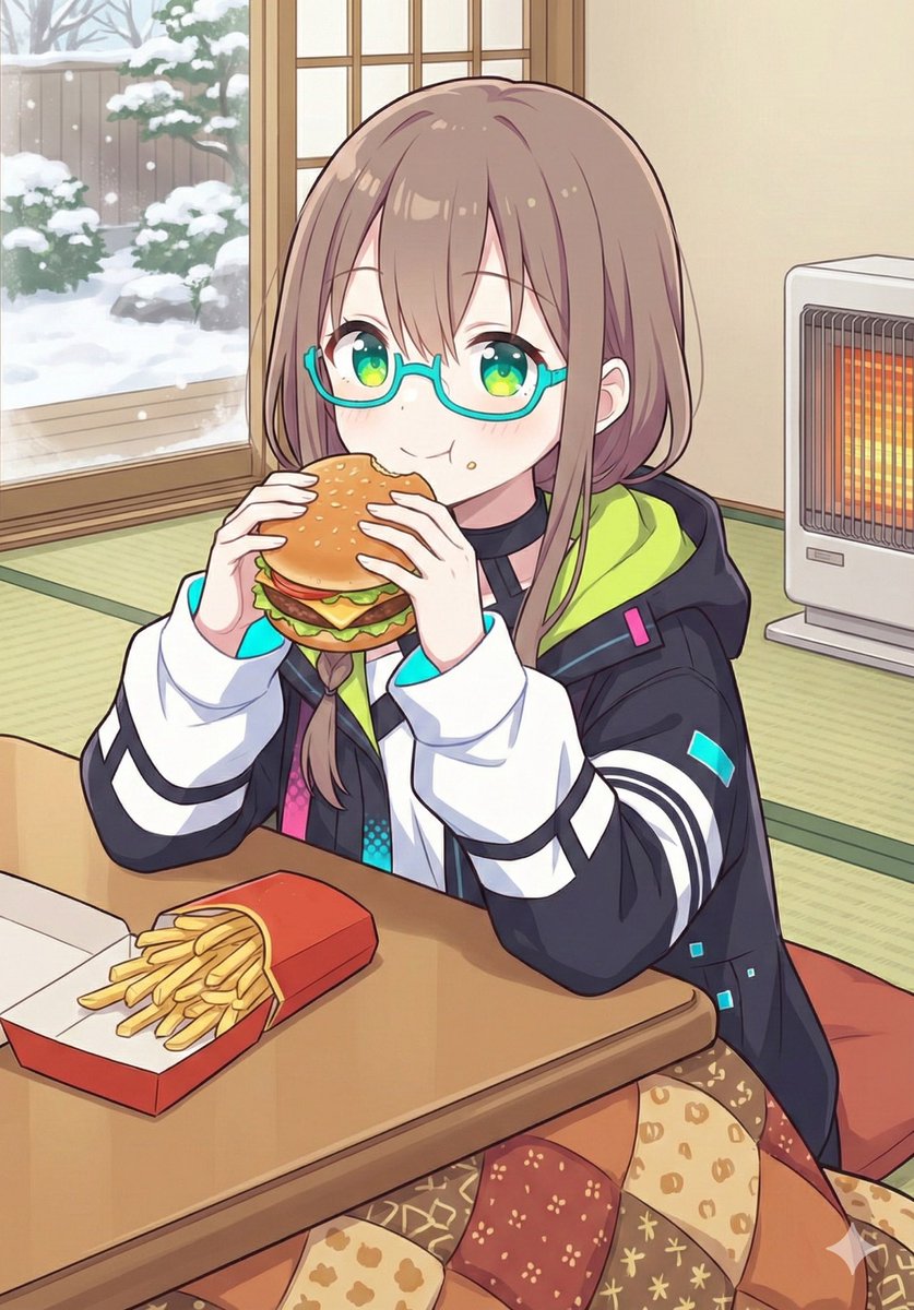 Japanese Prompt for Girl Eating Burger and Fries under Kotatsu AI image template preview