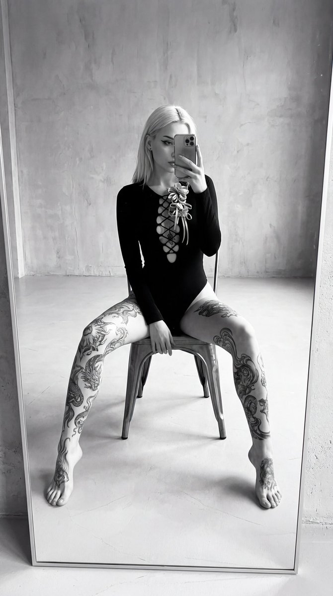 High-Contrast Black and White Tattooed Mirror Selfie AI image template preview
