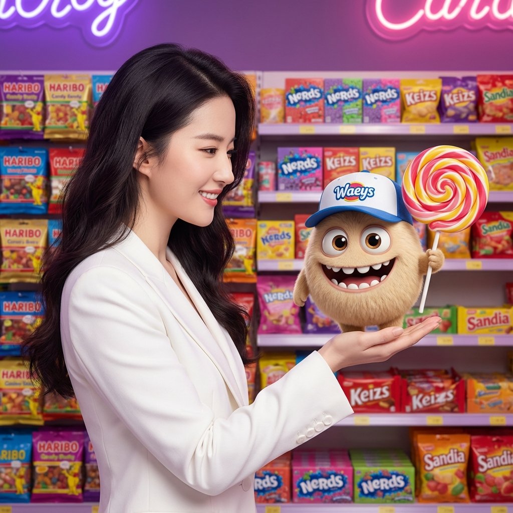 Mixed-Media Portrait with CGI Mascot in Candy Store AI image template preview