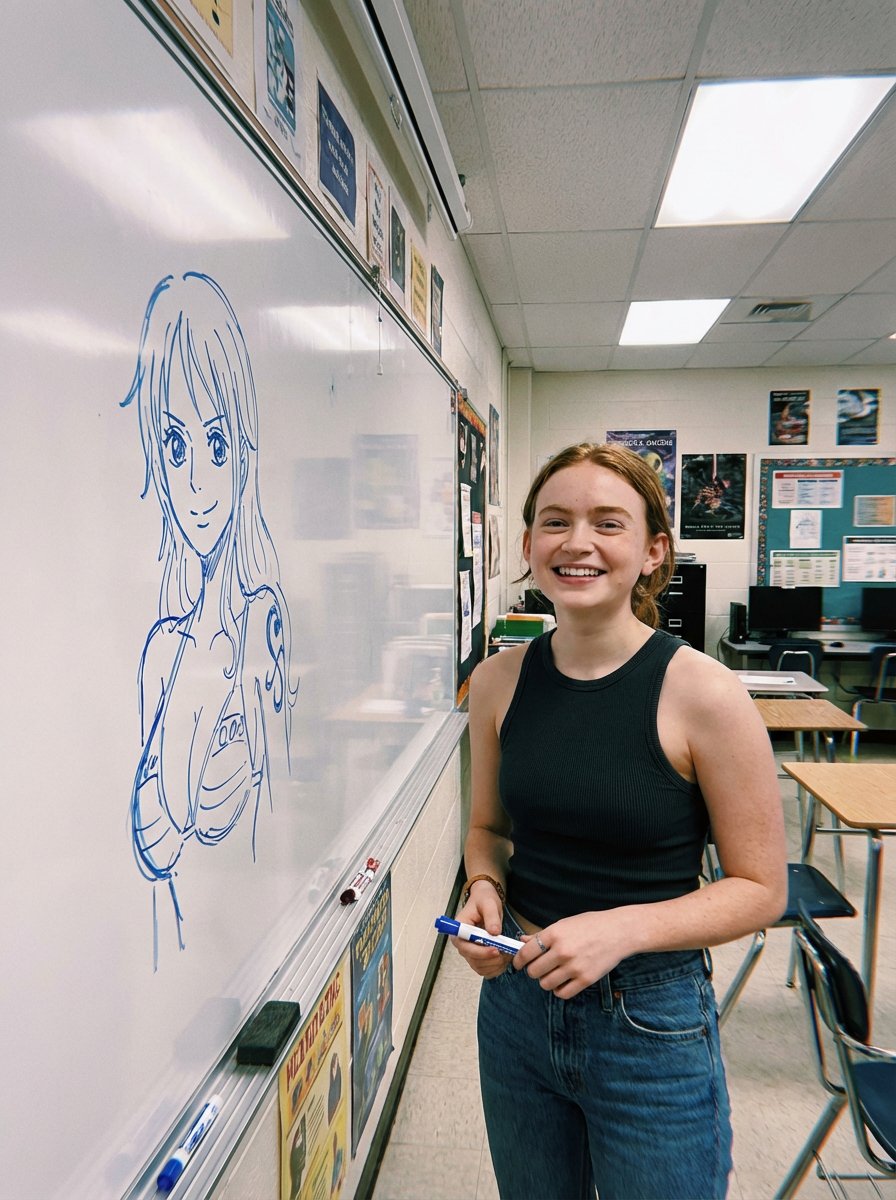 Candid Classroom Photo with Anime Sketch on Whiteboard AI image template preview
