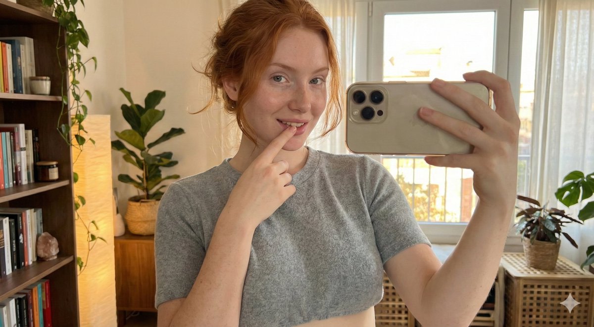 Deep Focus Selfie: Natural Copper Redhead AI image template preview