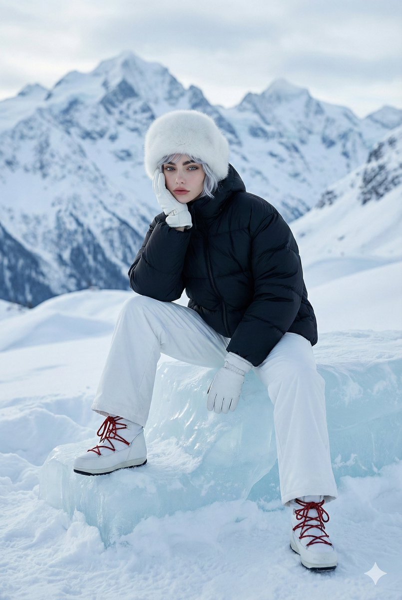 High-Fashion Winter Editorial Portrait in Alpine Setting AI image template preview