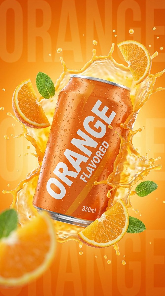 Commercial Product Photography: Orange Soda Can Splash AI image template preview