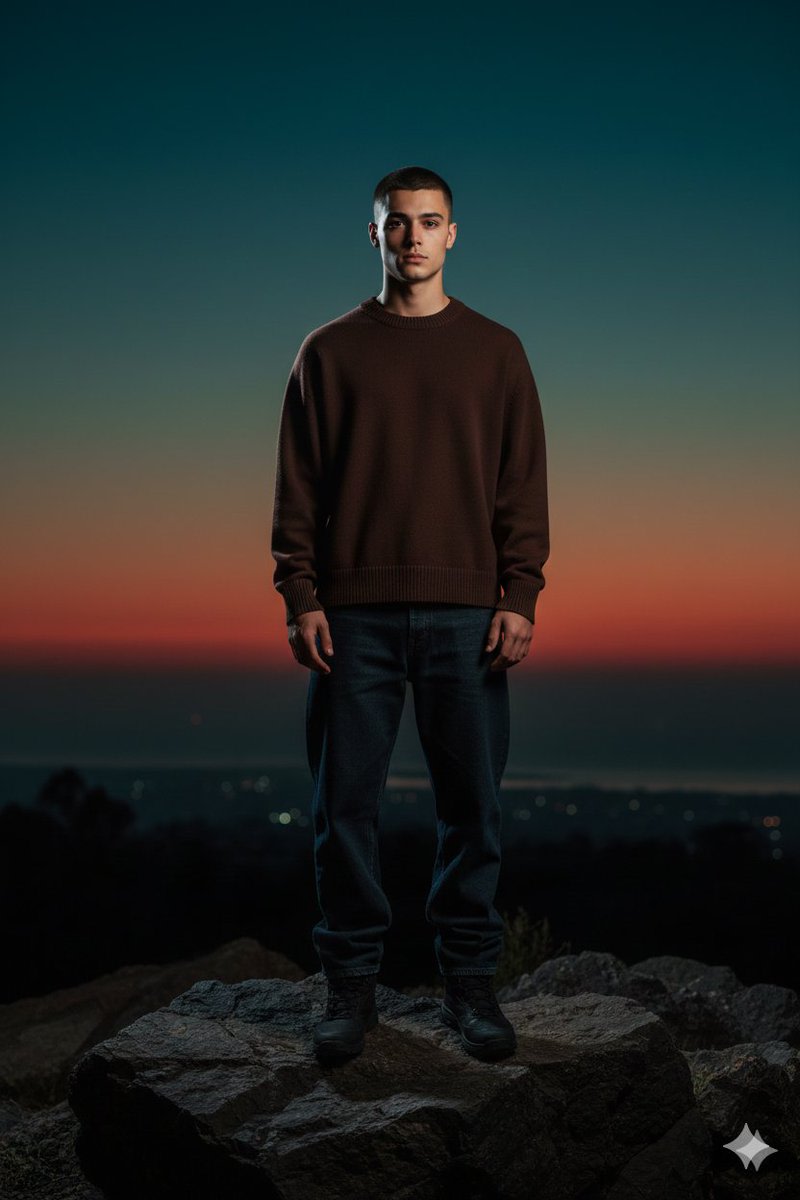 Full-Body Portrait with Frontal Flash at Blue Hour Sunset AI image template preview