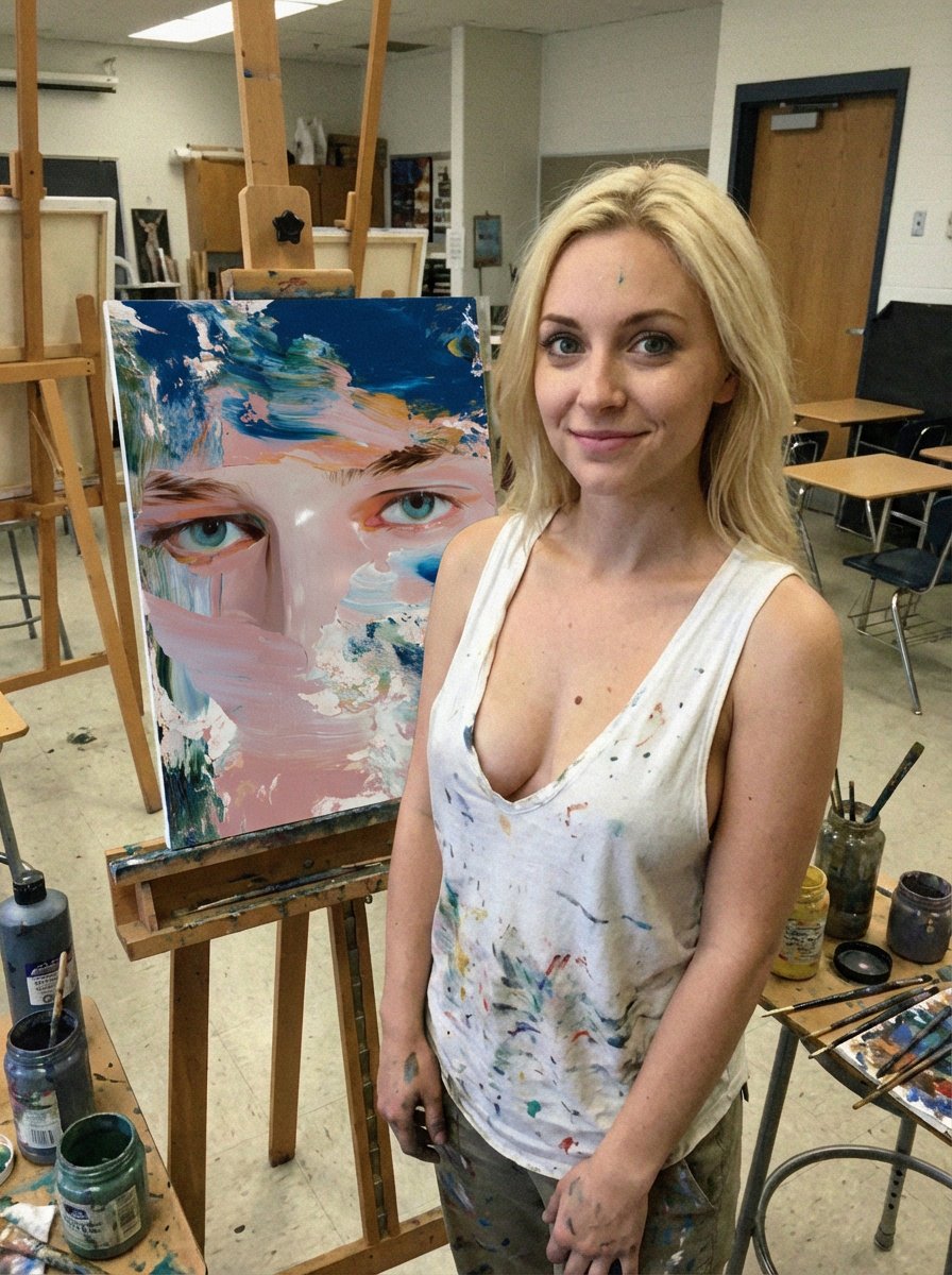 Low-Quality Smartphone Photo of an Artist in a Classroom AI image template preview