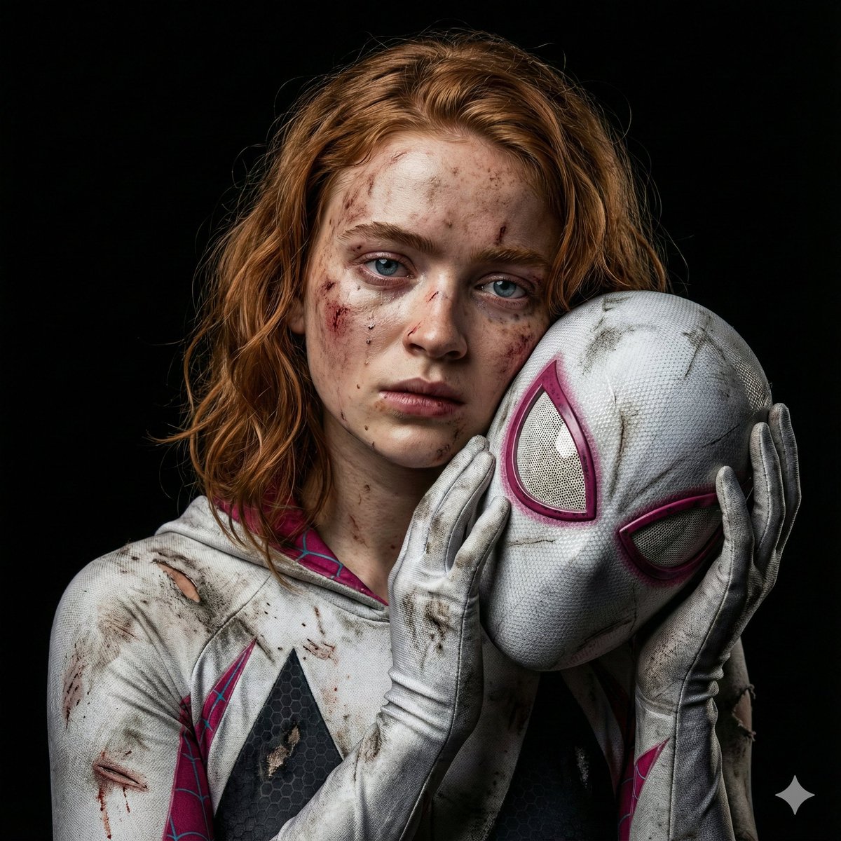 Gritty Cinematic Portrait of Sadie Sink as Injured Ghost-Spider (Duplicate) AI image template preview
