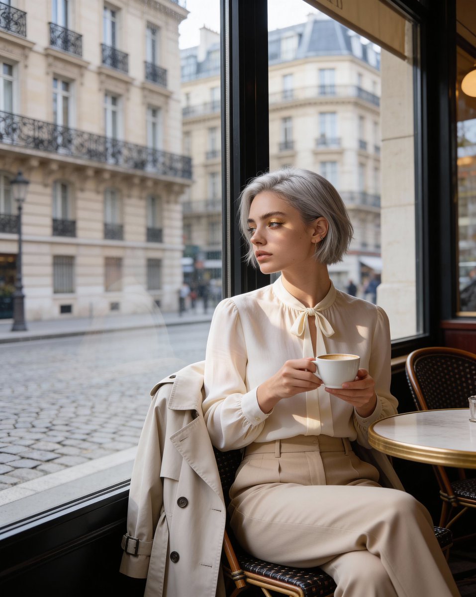 Candid Parisian Café Portrait with Silver Hair example 2
