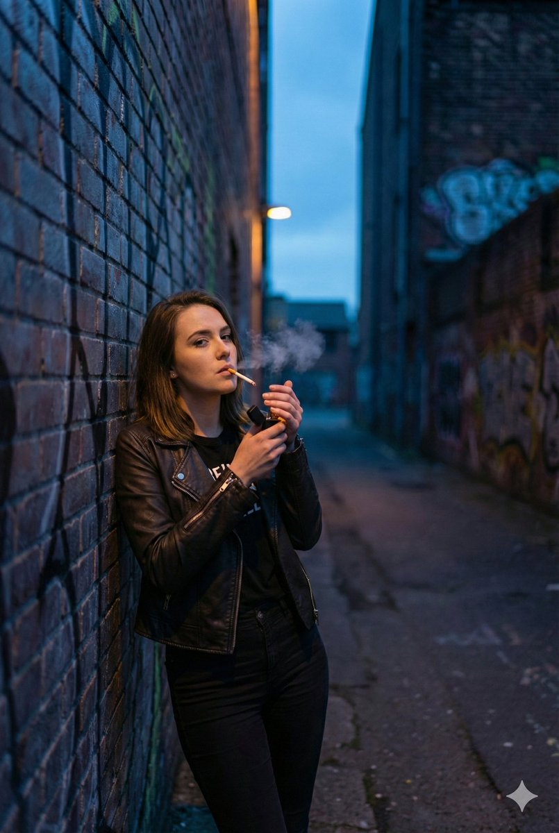Gritty Cinematic Alleyway Portrait at Twilight AI image template preview
