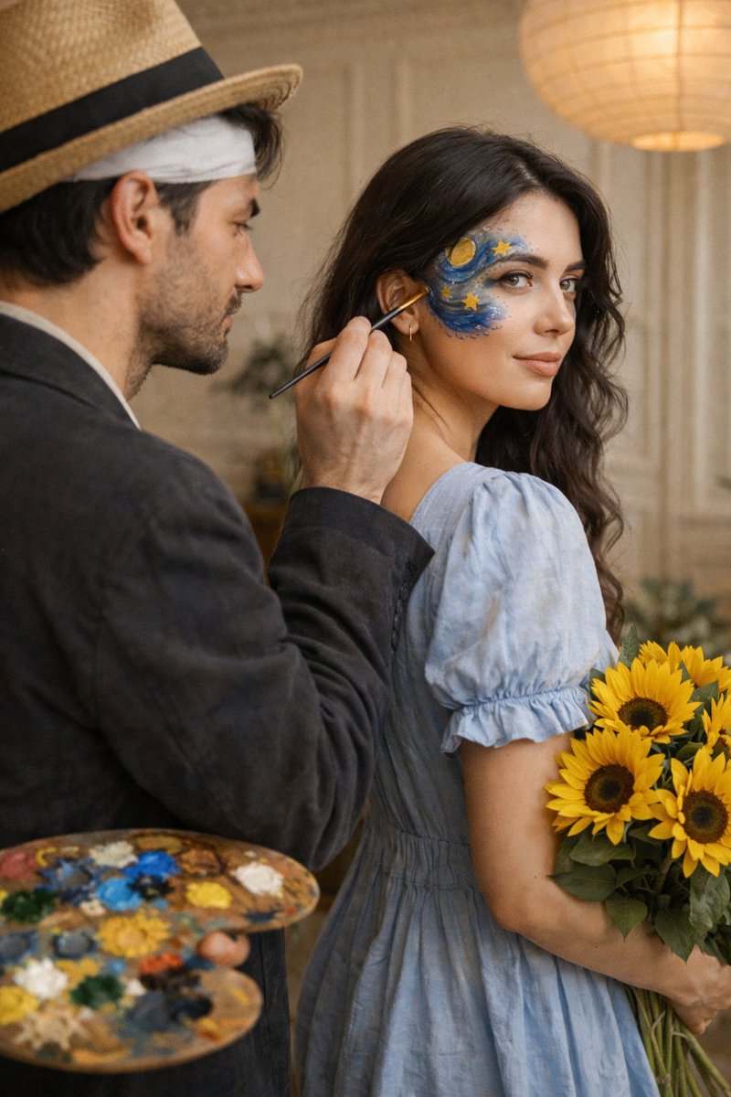 Cinematic Editorial Couple Portrait with Starry Night Face Paint AI image template preview