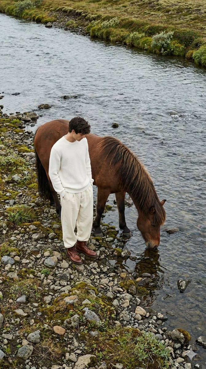 Jil Sander Aesthetic Fashion Editorial: Man and Horse AI image template preview