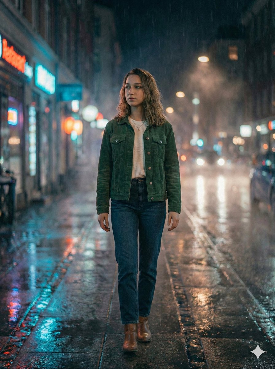 Moody Cinematic Night Rain Portrait (JSON) AI image template preview